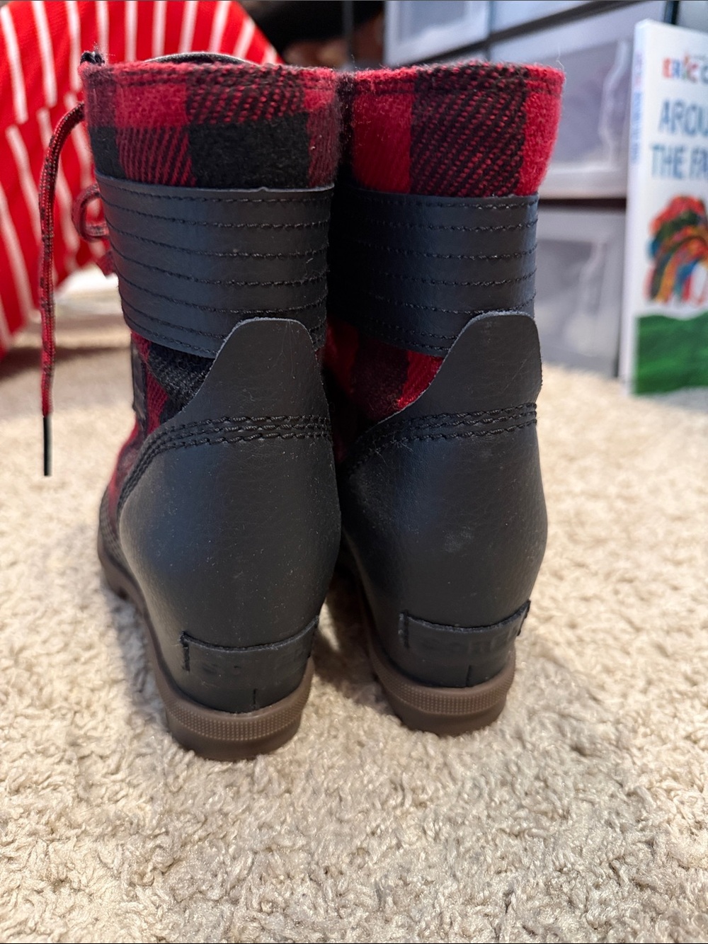 Sorel Red and Black Plaid Wedge Lace-Up Boots - Picture 4 of 5